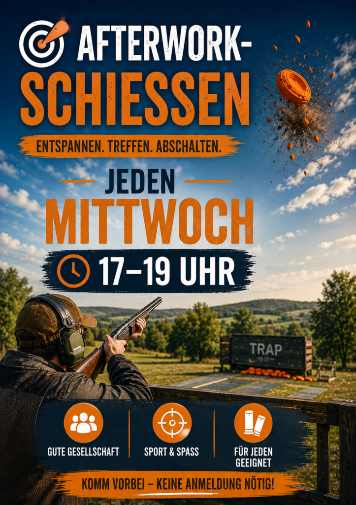 Flyer Afterwork-Schießen am Schießstand Jakobsberg – jeden Mittwoch 17 bis 19 Uhr, keine Anmeldung nötig